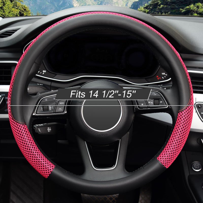 KAFEEK Steering Wheel Cover, Universal 15 inch, Microfiber Leather Viscose, Breathable, Anti-Slip,Warm in Winter and Cool in Summer, Black&Red - Image 2
